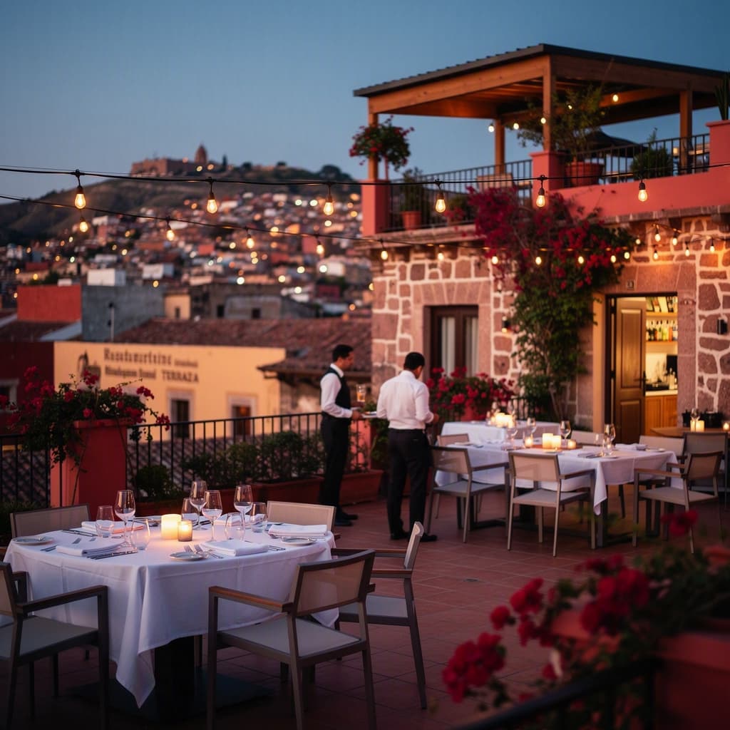 The rooftop dining terrace at dusk