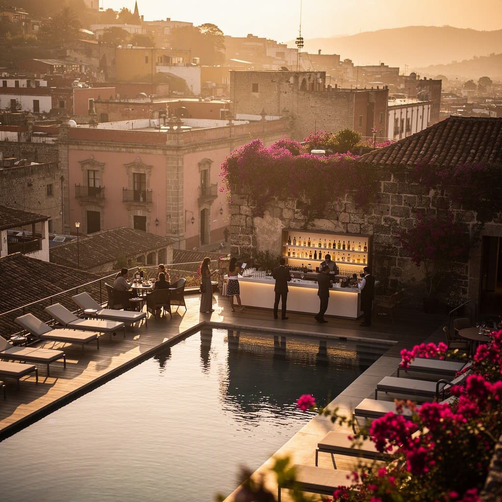 Guests at the rooftop pool and bar