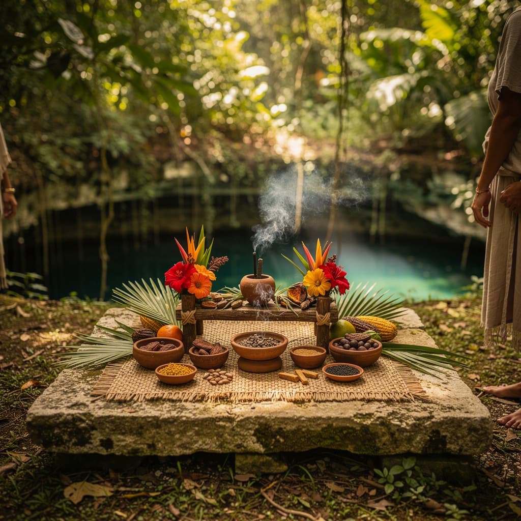 Un altar ceremonial con ofrendas