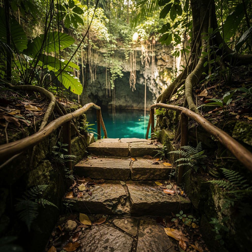 Pasaje de piedra tallada descendiendo a un cenote