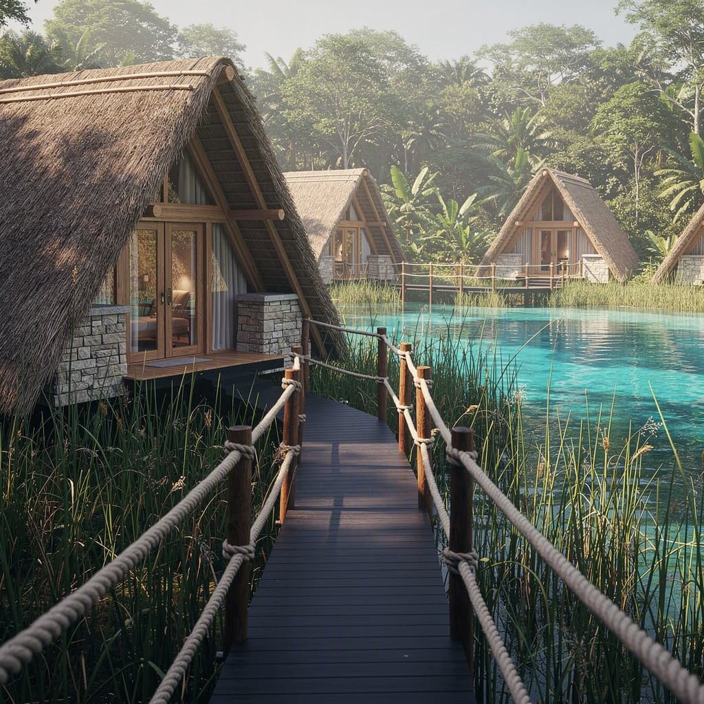 Habitaciones A-frame de palapa junto al andador de madera entre carrizos
