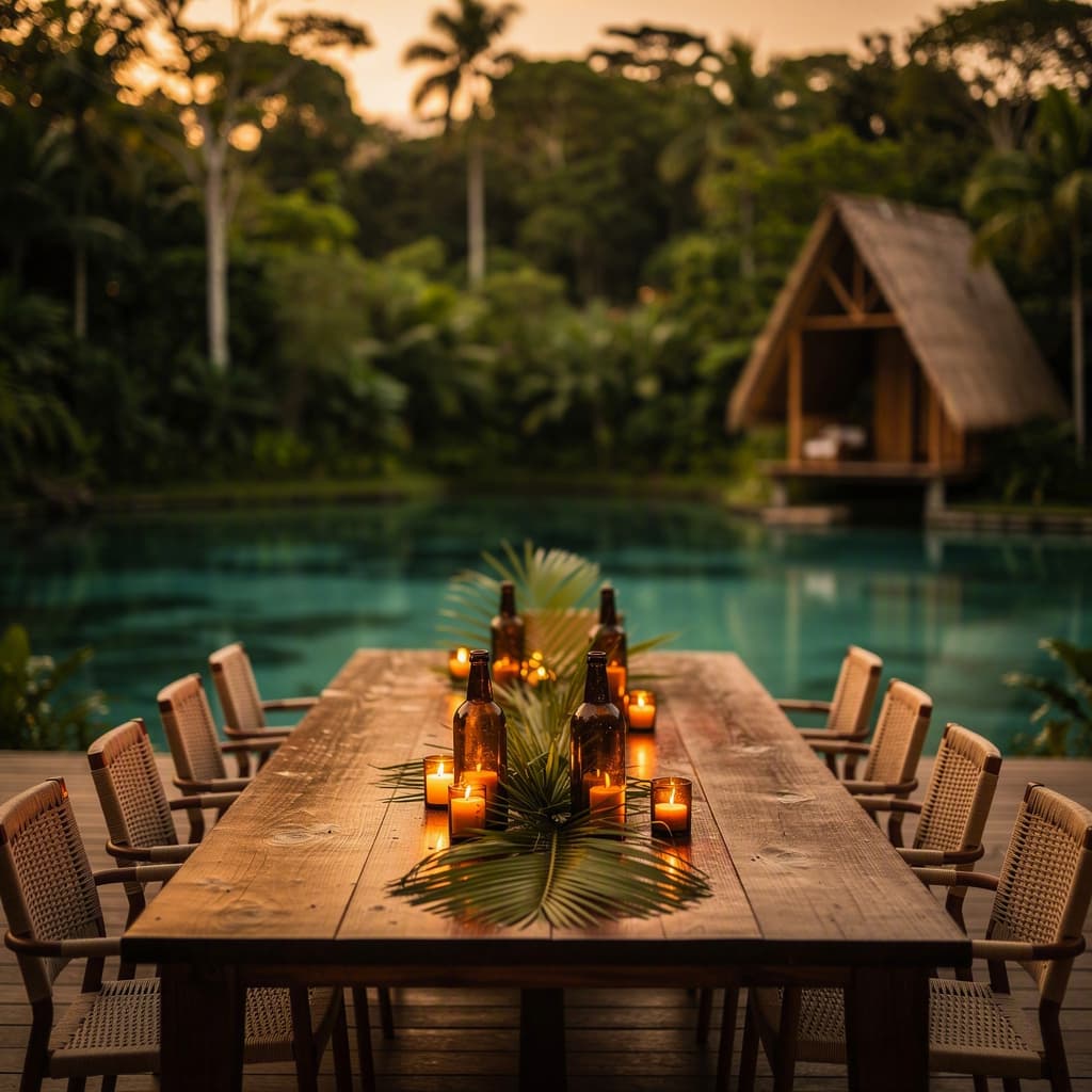 Cena a la luz de las velas en el deck al atardecer